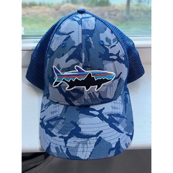 Patagonia Fitz Roy Camo Big Trout Snapback Mesh Trucker Hat  Patagonia Fitz Roy Trout Trucker Hat in Blue Camouflage Mesh Snapback